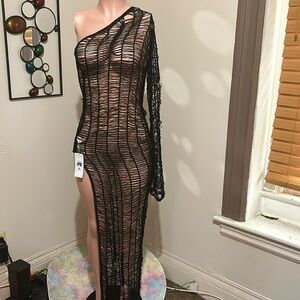 Fish net long one sleeve dress